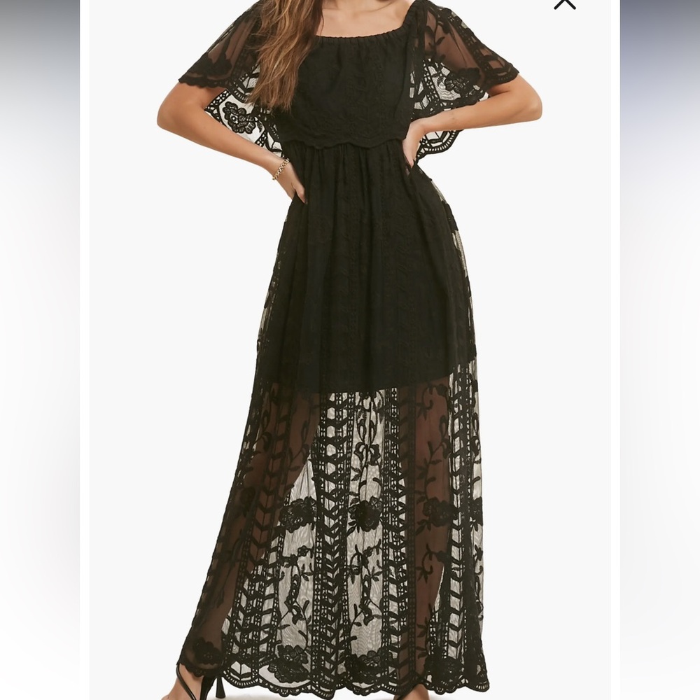 Small Whimsigoth Coquette Wishlist Kiana Black Floral Lace Overlay Maxi Dress
